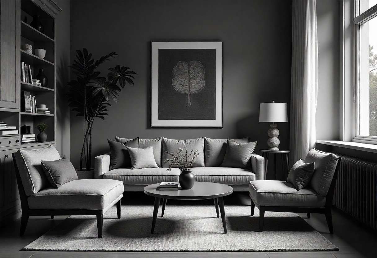 Elegant interior design consultation room with comfortable seating and design materials, creating welcoming environment for client meetings.