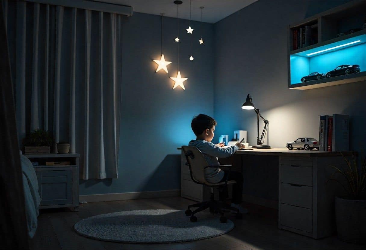 Layered lighting design in luxury kids bedroom showing ambient, task, and accent lighting creating perfect atmosphere for evening activities