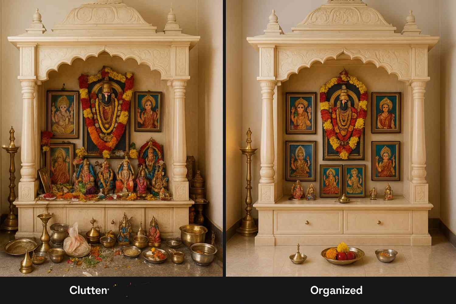 Comparison of well-maintained vs neglected pooja room showing impact on spiritual ambiance and energy