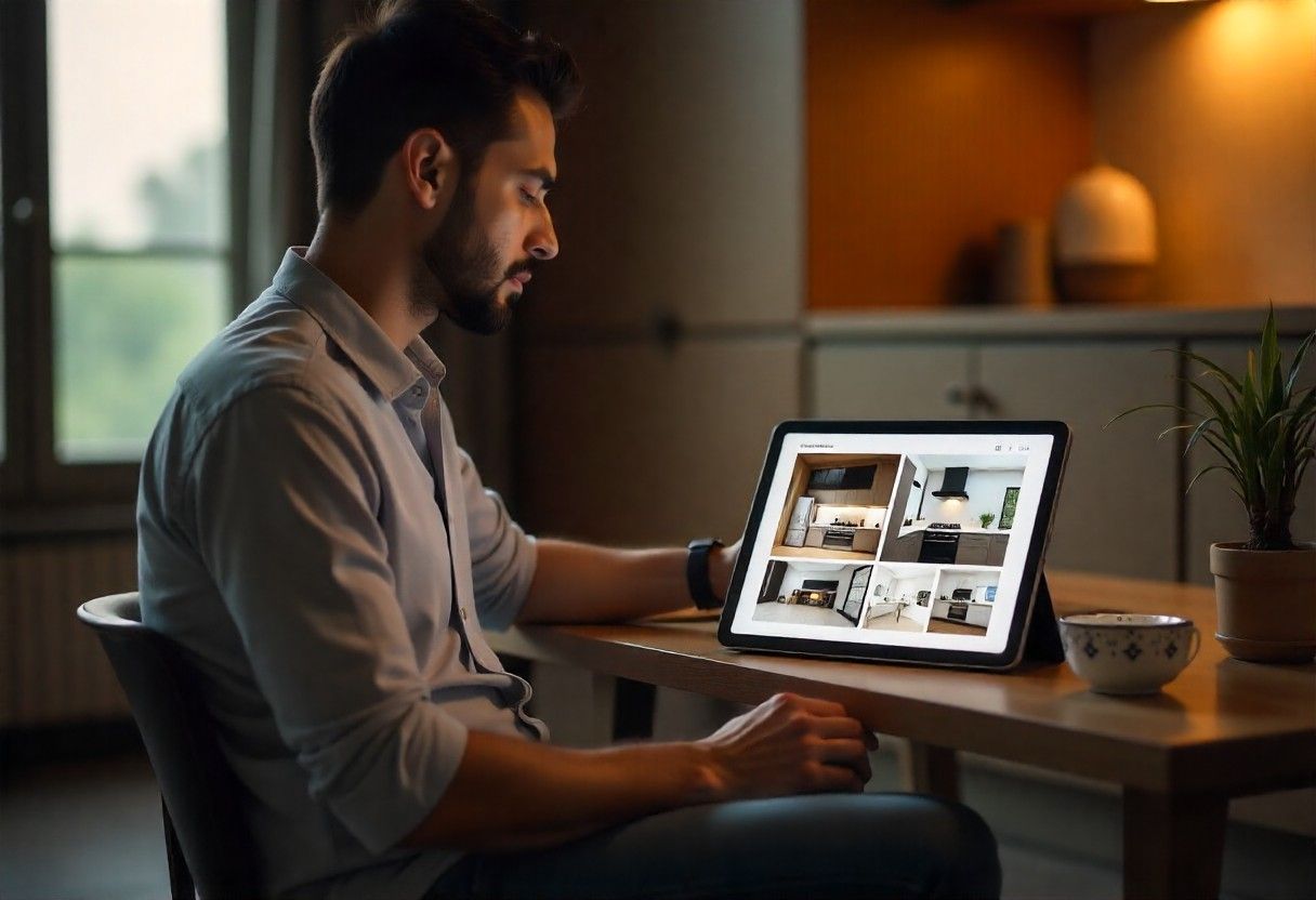 Professional portfolio review showing diverse interior design projects on digital device
