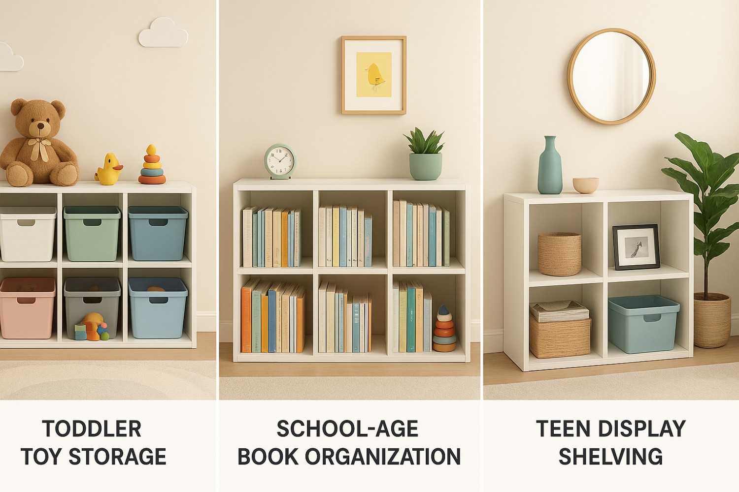 Modular luxury storage system adapting from toy organization to teen bedroom storage solutions