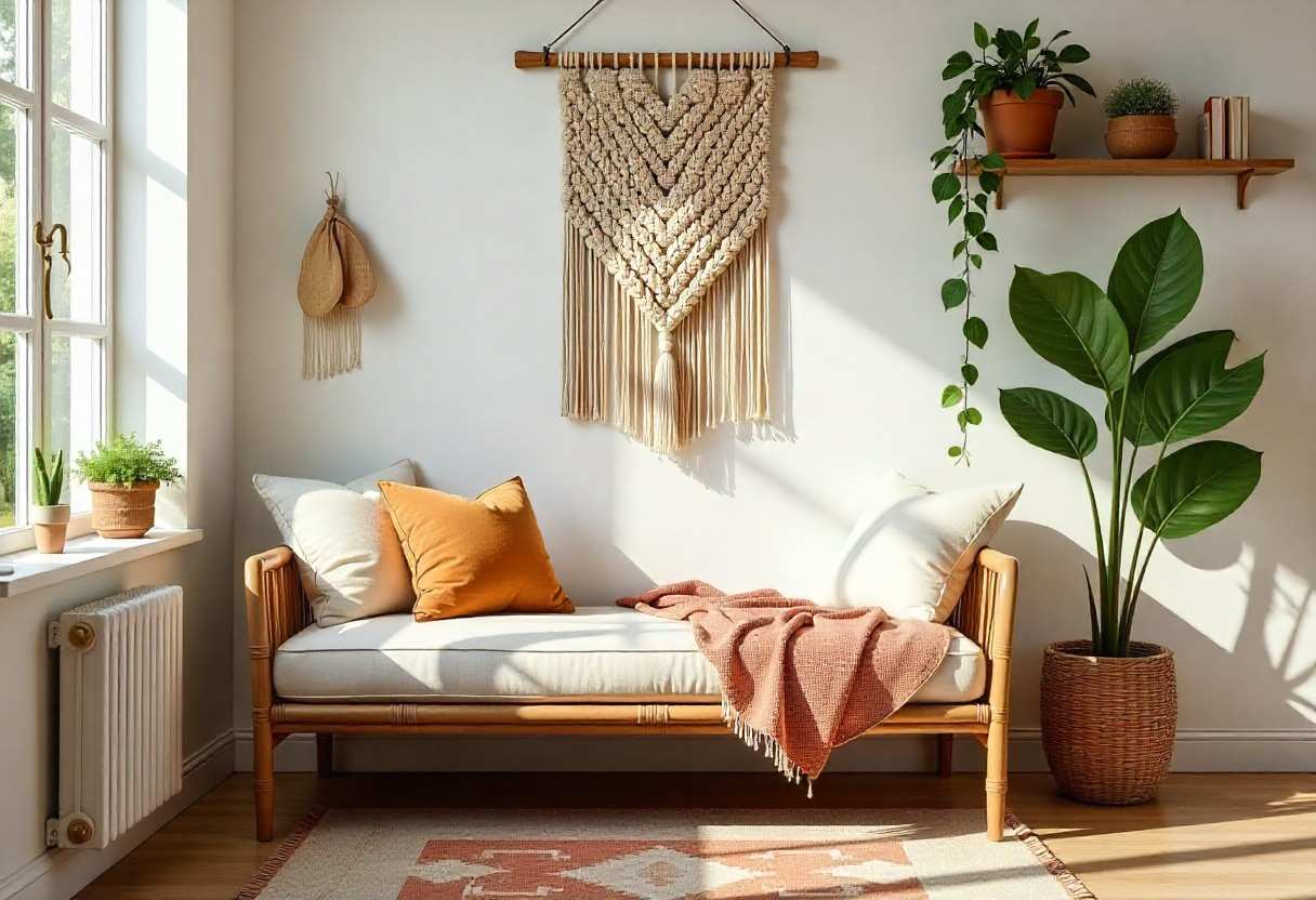 Bohemian kids room corner with layered textiles, natural materials, eclectic decor, and artistic elements by Elegante Interiors.