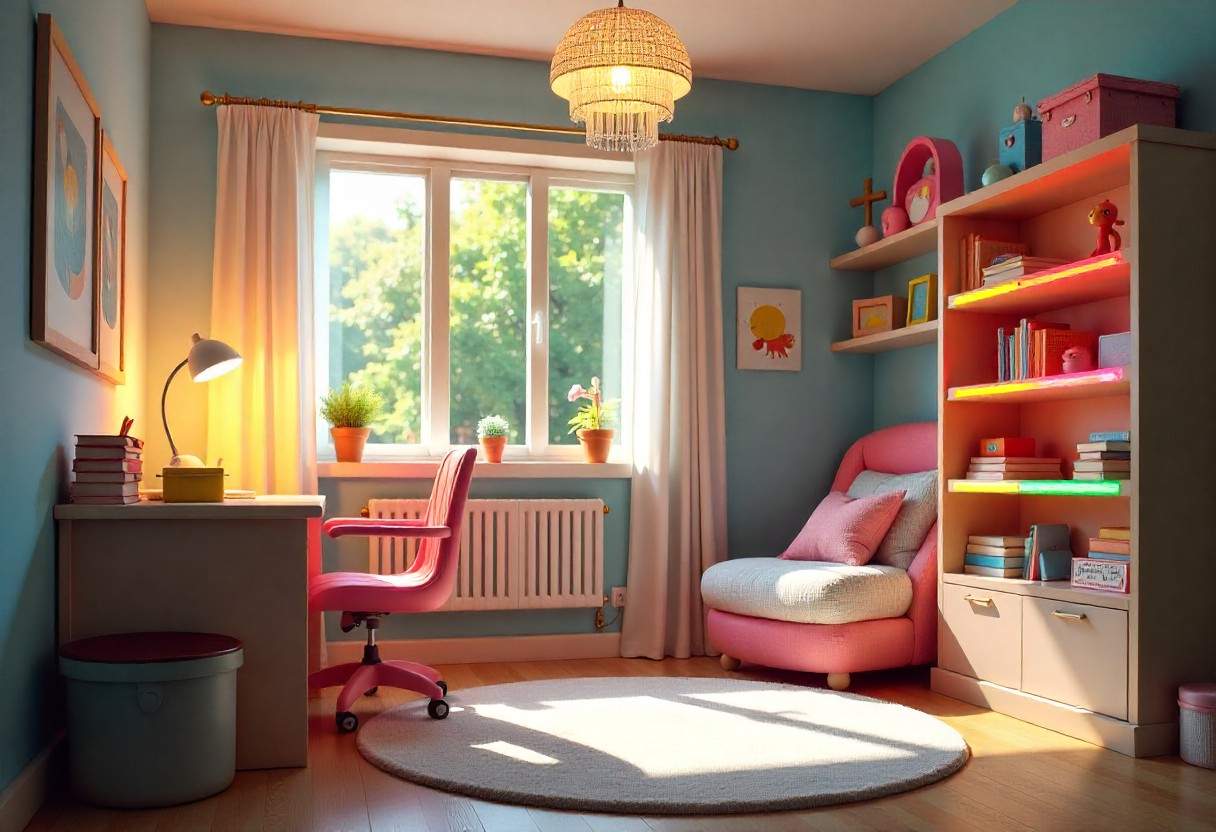 Smart LED lighting system in children's room with color-changing capabilities and voice control features