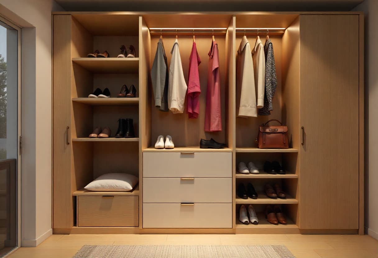 Stylish wardrobes interior organization with LED lighting, luxury storage compartments for Indian clothing and accessories