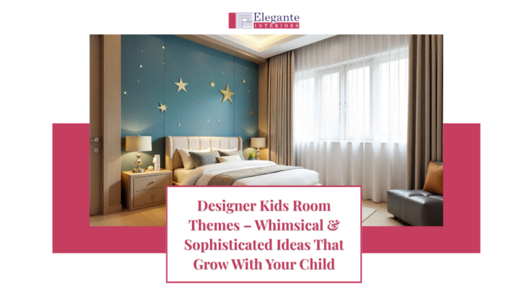 Luxury kids bedroom with optimized space planning showing study zone, sleep area, and play corner designed by Elegante Interiors