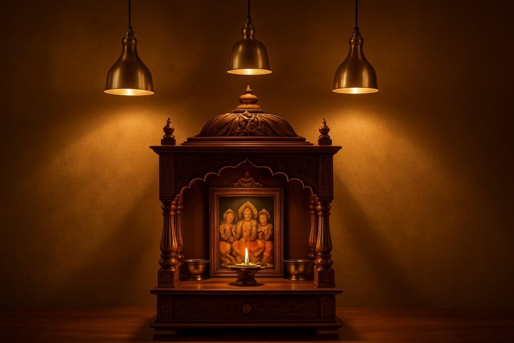 Luxury pooja room with layered lighting design featuring brass pendant lights and ambient cove lighting creating divine ambiance