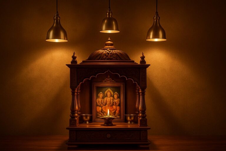 Luxury pooja room with layered lighting design featuring brass pendant lights and ambient cove lighting creating divine ambiance