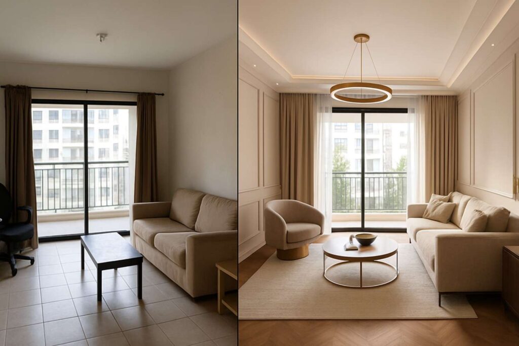 Before and after interior design transformation of luxury Bengaluru apartment showing dramatic improvement in aesthetics and functionality.