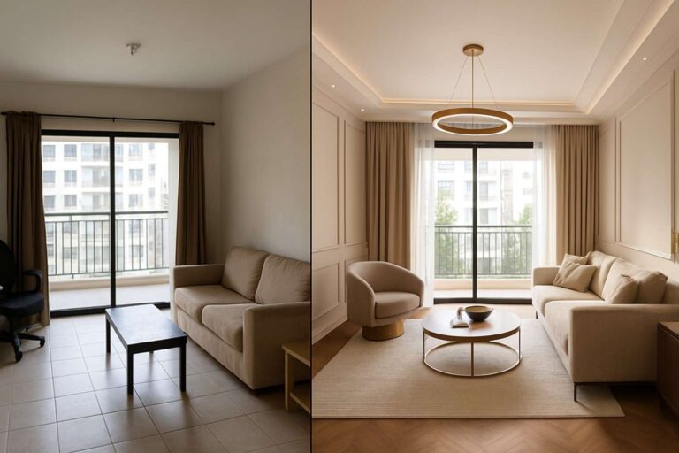 Before and after interior design transformation of luxury Bengaluru apartment showing dramatic improvement in aesthetics and functionality.