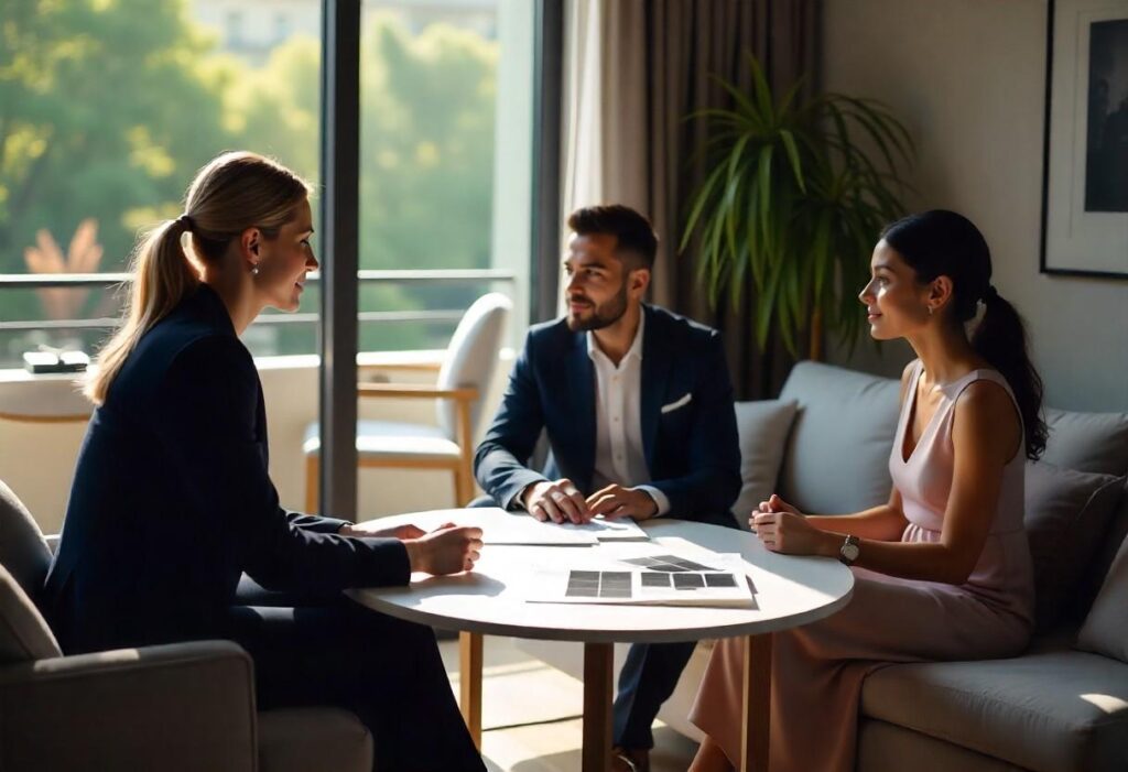 Professional interior designer conducting consultation with homeowners in bright, modern living room