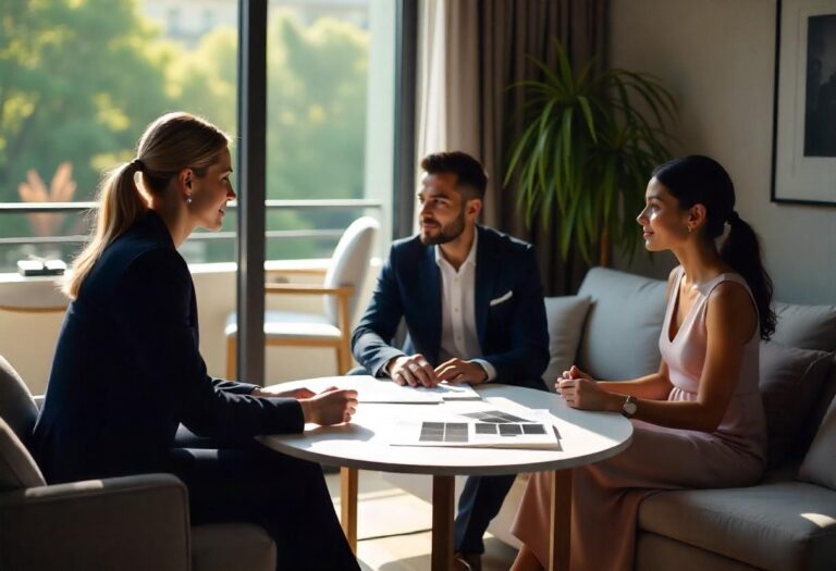 Professional interior designer conducting consultation with homeowners in bright, modern living room