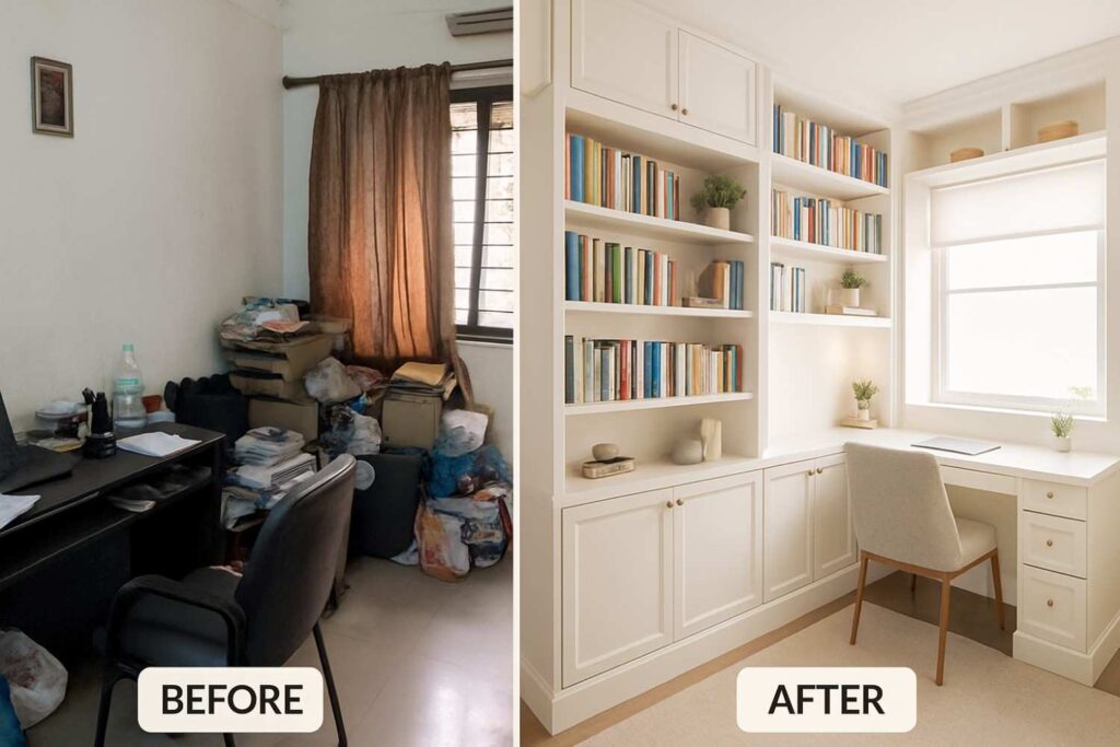 Single room transformation by professional interior designers: cramped home office becomes bright, organized workspace