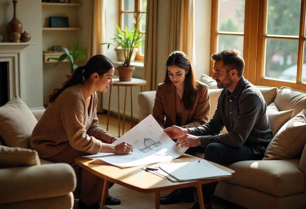 Interior designer consulting with homeowners over design materials in a bright, welcoming living space