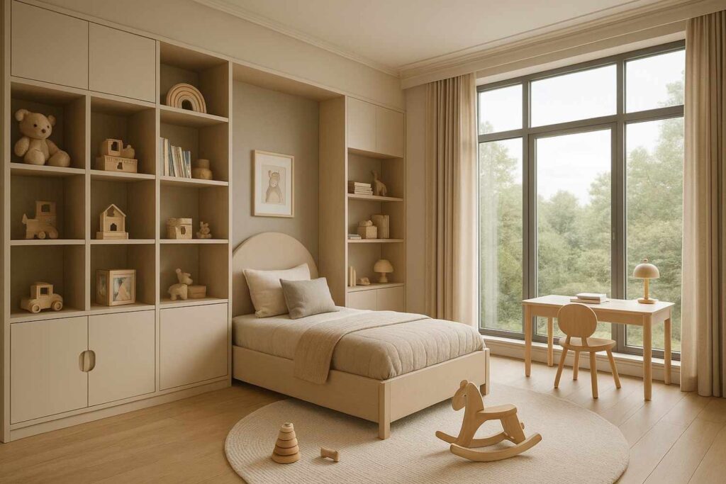 Luxury kids room design showcasing sophisticated custom furniture, elegant lighting, and thoughtful space planning by interior design experts.