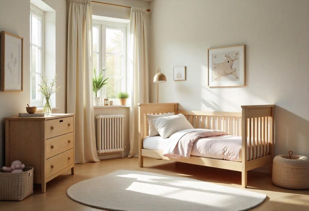 Luxury convertible crib in natural wood finish transitioning from infant bed to toddler bed in an elegantly designed nursery