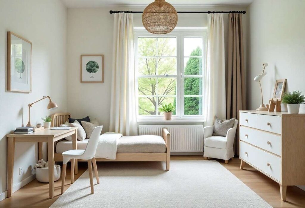 Luxury kids bedroom with optimized space planning showing study zone, sleep area, and play corner designed by Elegante Interiors