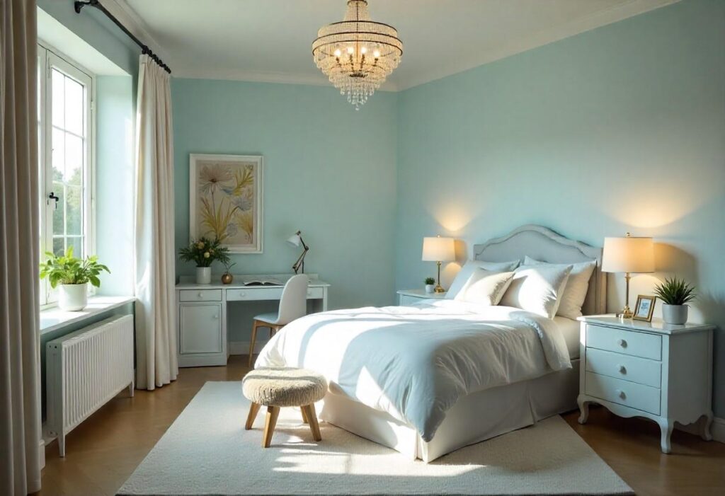 Luxurious children's bedroom with crystal chandelier, wall sconces, and layered lighting design creating a magical yet functional space