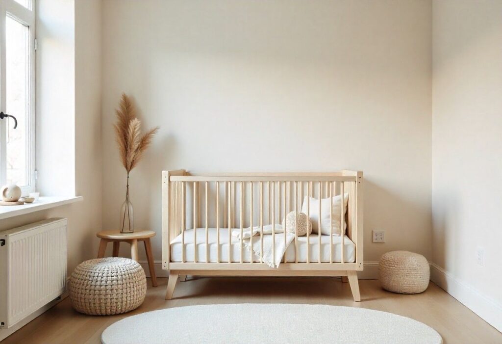 Elegant modern nursery with neutral colour palette and luxury furnishings designed by Elegante Interiors