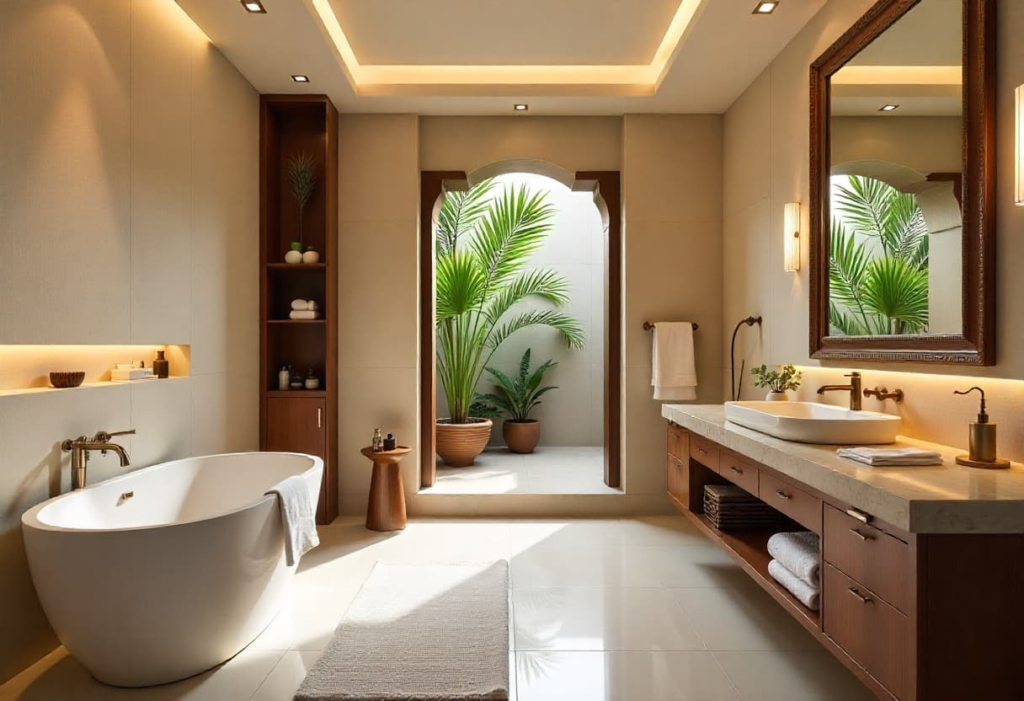 Modern Indian luxury bathroom showcasing blend of traditional and contemporary design elements