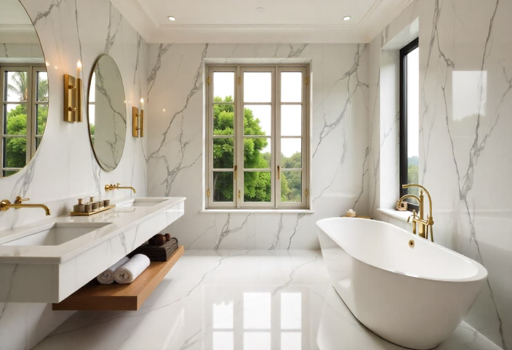 Luxury all-marble bathroom featuring freestanding tub and sophisticated brass fixtures for Indian homes