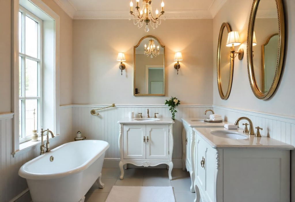 Elegant Parisian-style bathroom with crystal chandelier and vintage-inspired vanity for luxury Indian homes