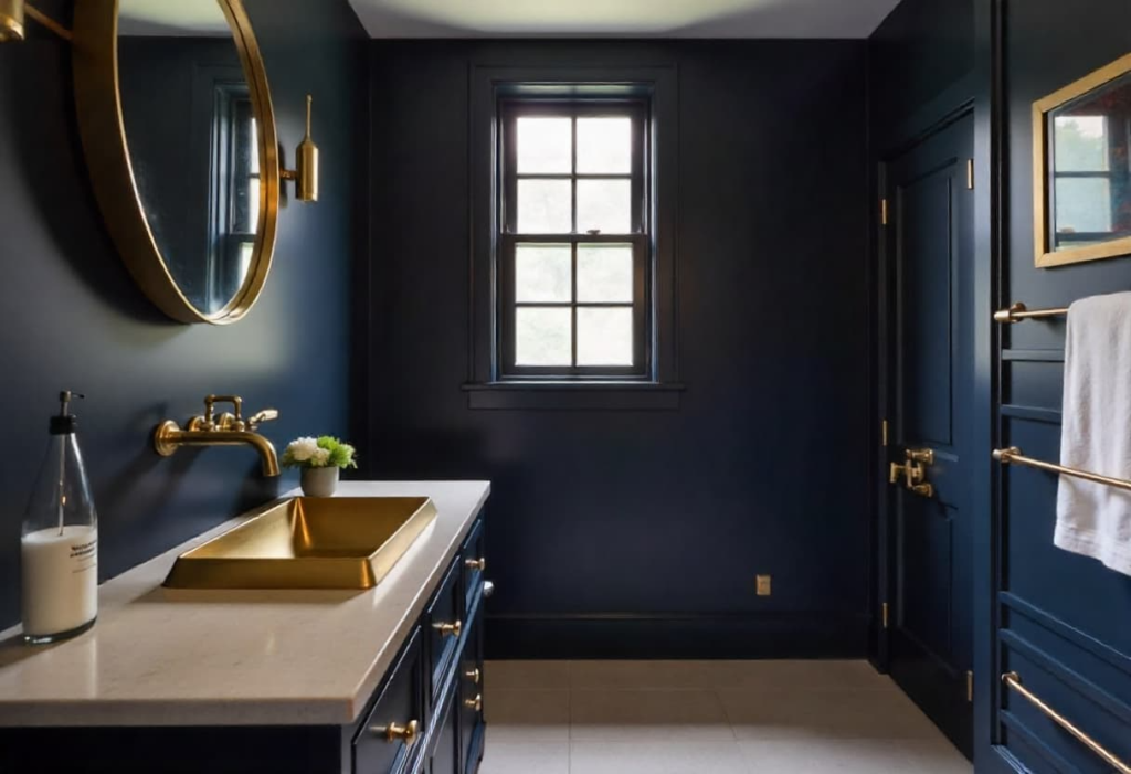 Modern luxury bathroom featuring bold navy textured walls and designer brass vessel sink