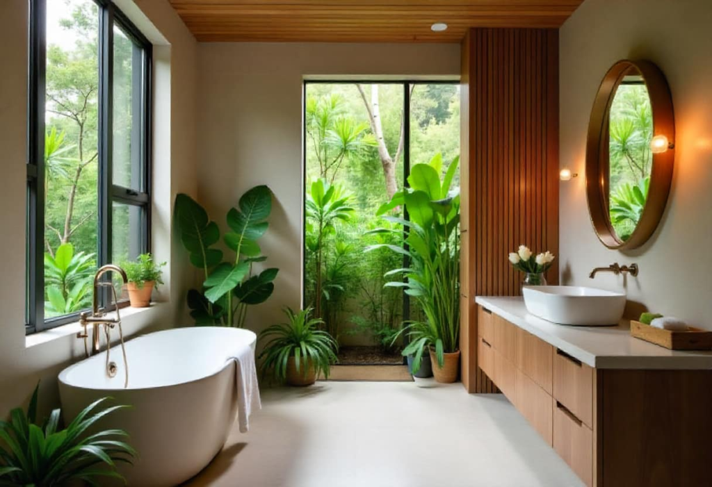 Nature-inspired luxury bathroom with indoor plants and natural wooden textures for Indian homes