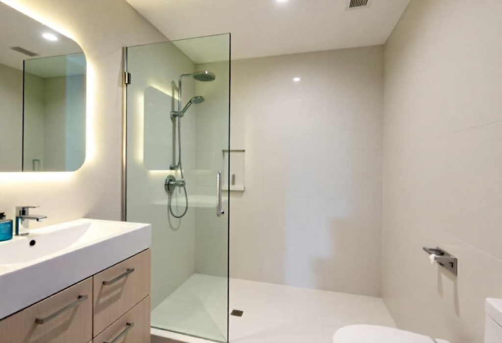 Luxury walk-in shower with frameless glass enclosure and rainfall shower system for Indian bathrooms