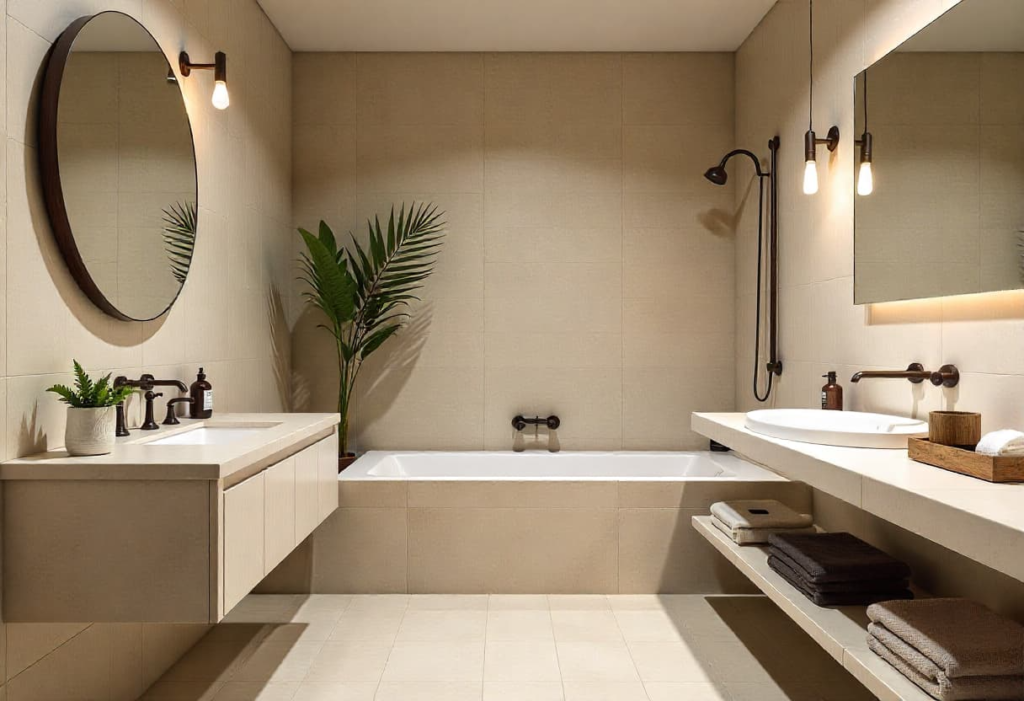 Textured luxury bathroom featuring layered materials and tactile finishes for sophisticated Indian homes
