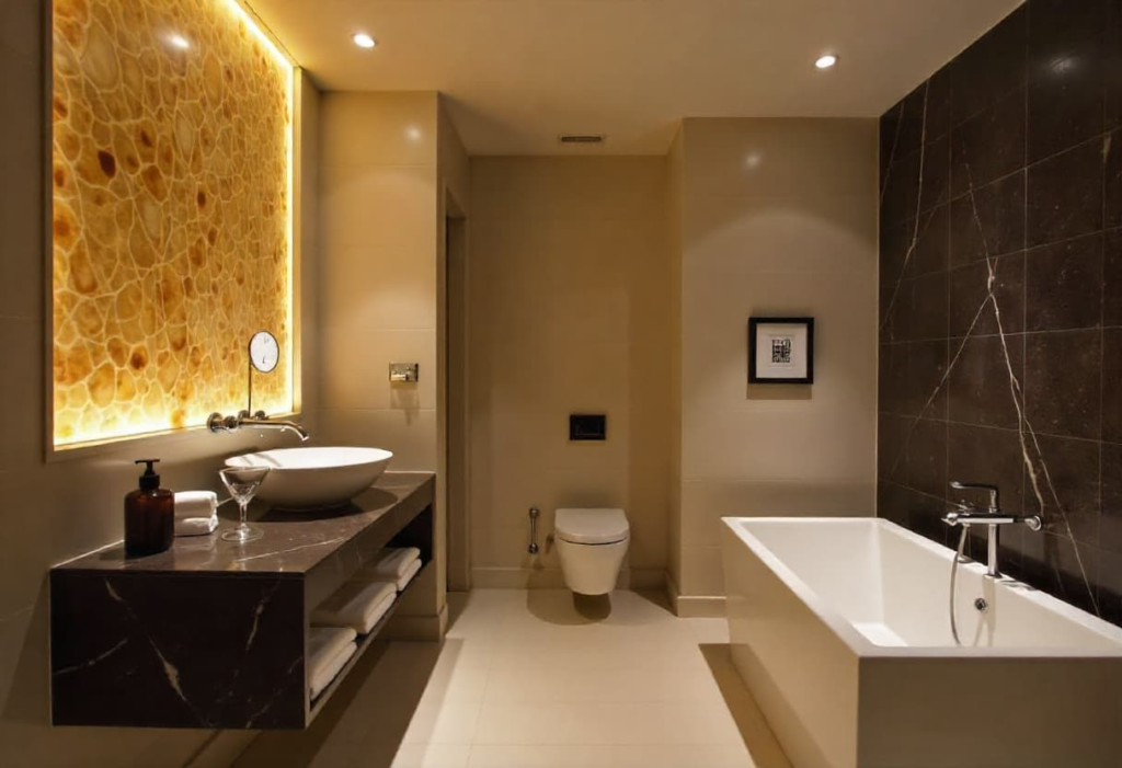 Luxury bathroom featuring dramatic backlit onyx stone wall and integrated stone basin