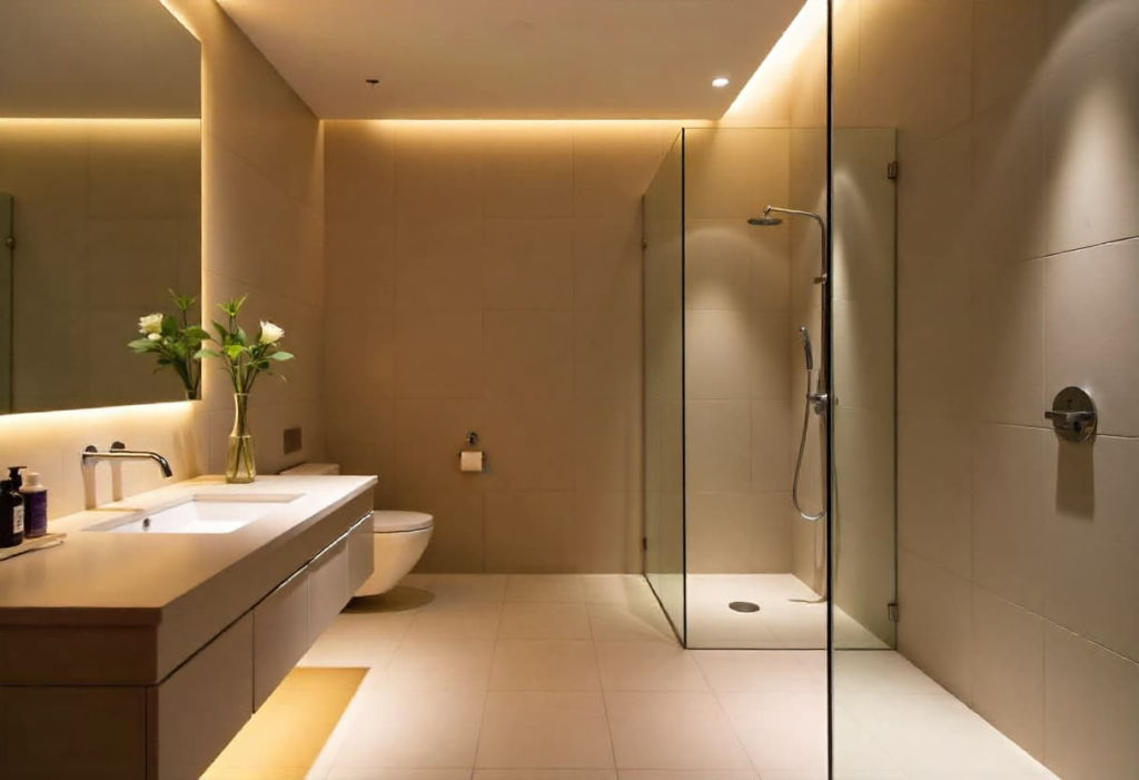 Sophisticated bathroom lighting design with multiple light sources creating ambient luxury atmosphere