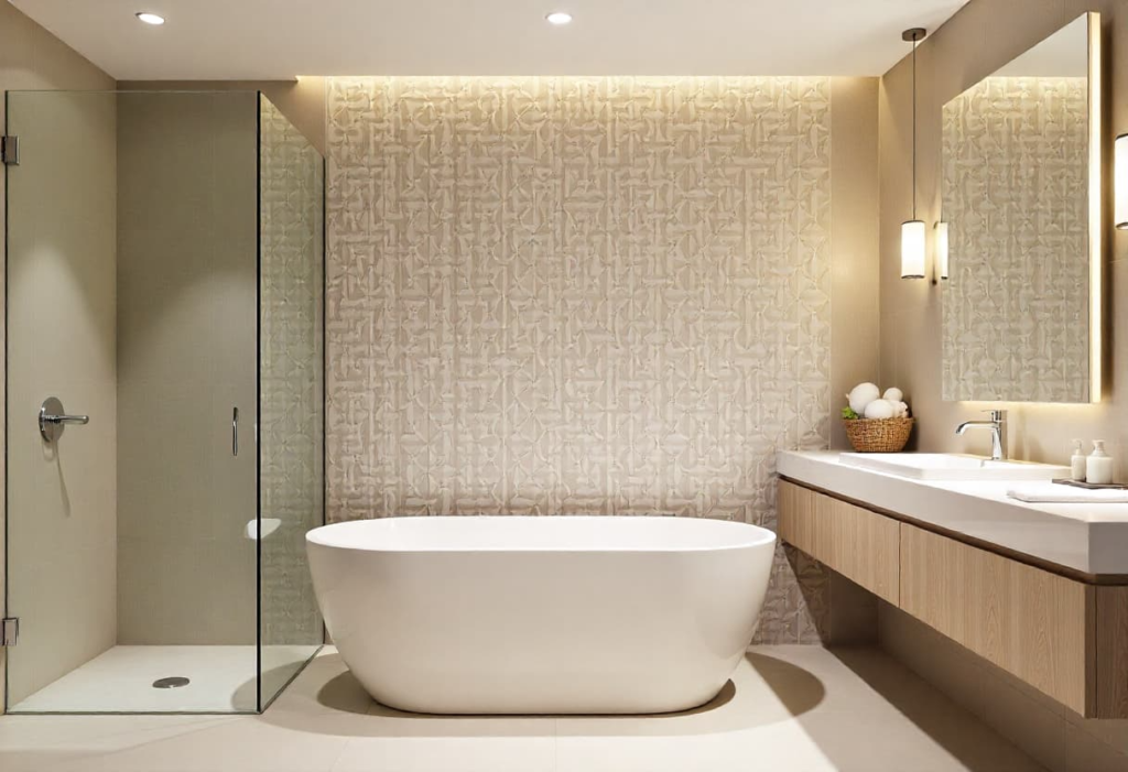 Modern bathroom with statement geometric tile design and artistic ceramic patterns