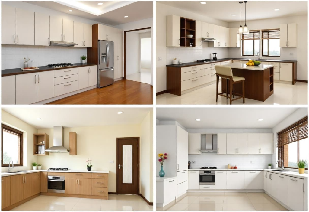 Various modular kitchen designs in different Bengaluru neighborhoods showcasing price range diversity