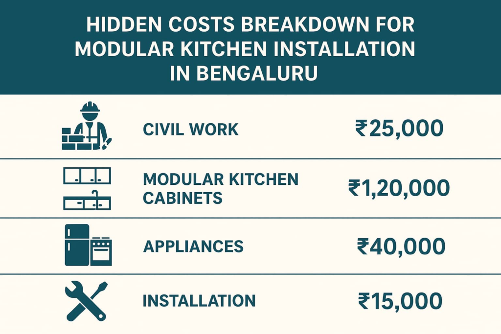 Hidden costs breakdown for modular kitchen installation in Bengaluru including civil work and appliances