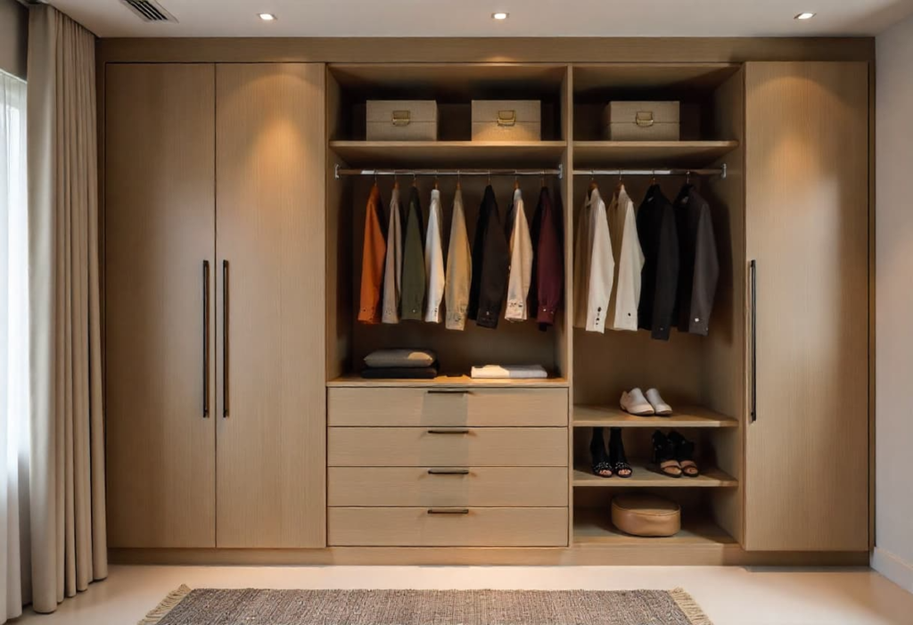 Custom wardrobe designs interior showing organized storage for Indian clothing and accessories