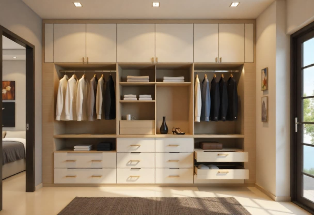 Custom wardrobe designs with organized interior layout using 70-20-10 storage rule
