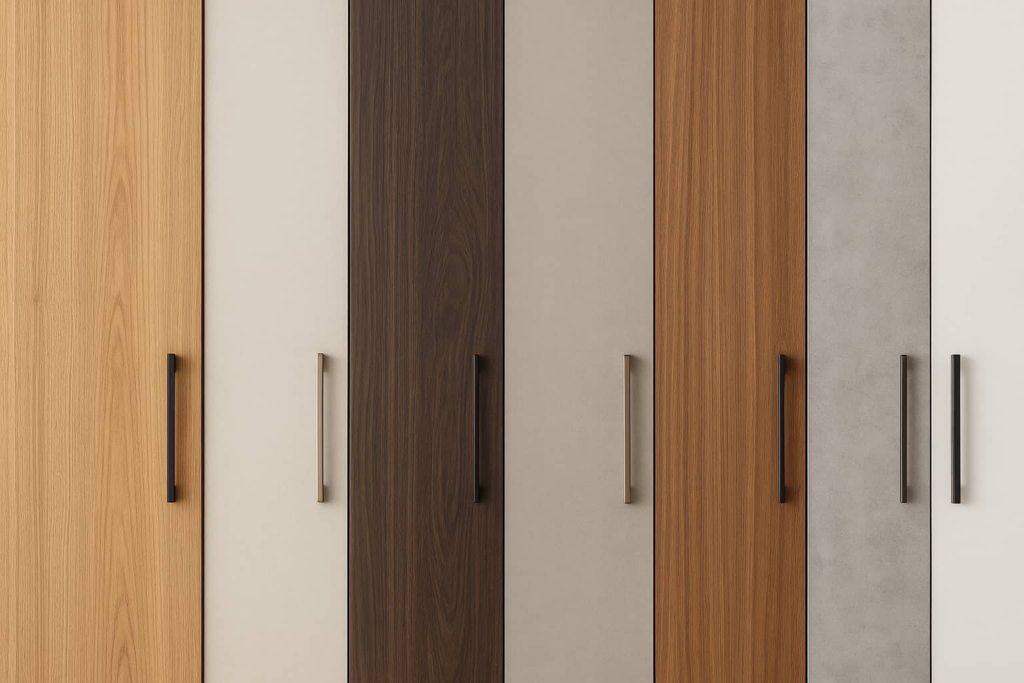 Custom wardrobe designs material options showing laminates, veneers and premium finishes