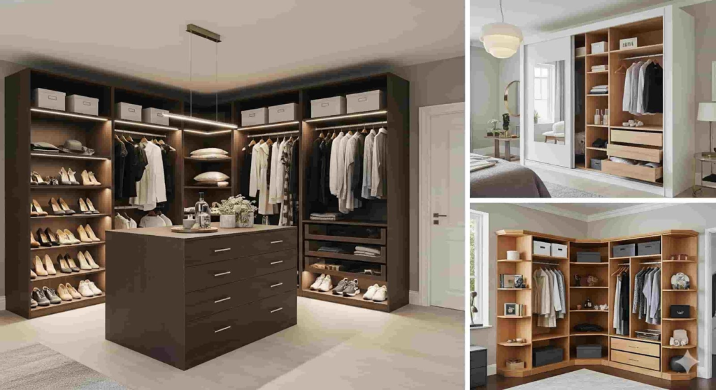 Custom wardrobe designs types showcasing walk-in, built-in and corner wardrobes for Indian homes