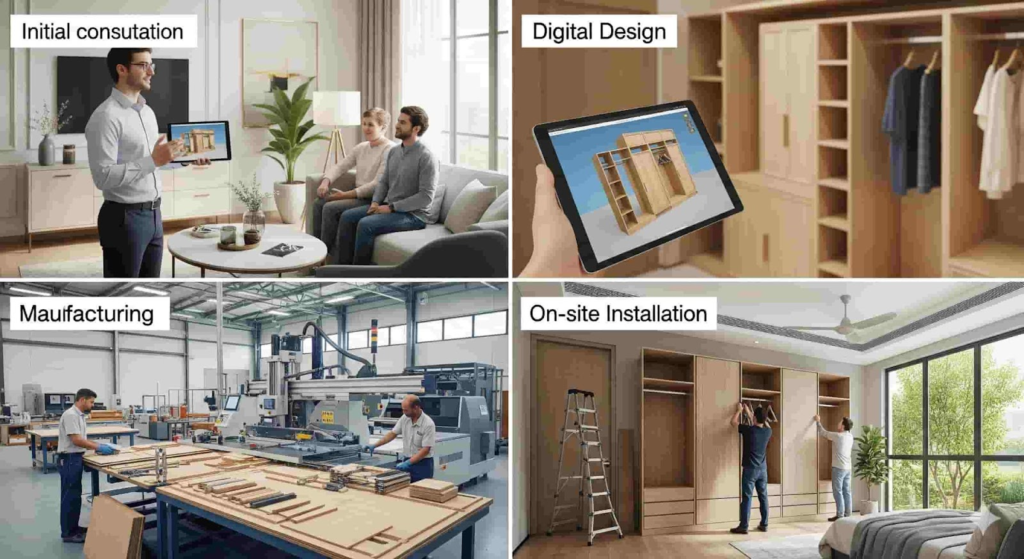 Custom wardrobe designs process showing consultation, 3D design and installation by Elegante Interiors