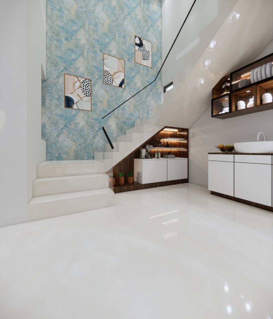 Contemporary staircase design with blue textured accent wall, geometric artwork, and under-stair storage solution in Bangalore heritage villa
