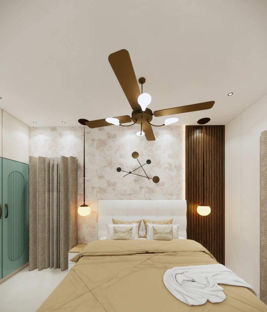 Luxury bedroom interior design with neutral tones, contemporary furniture, and traditional brass ceiling fan in Bangalore villa renovation