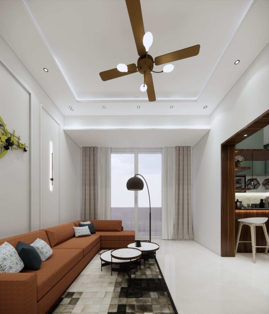 Elegant living room interior with rust-colored sectional sofa, contemporary coffee tables, designer ceiling fan, and geometric area rug