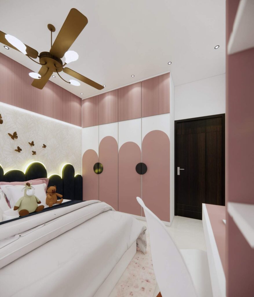Contemporary children's bedroom design with pink color scheme, custom wardrobes with circular handles, and playful butterfly wall decorations