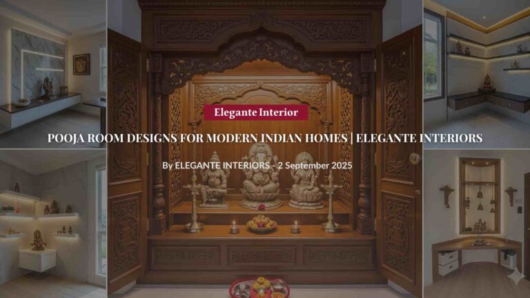 Premium pooja room designs showcasing wooden mandir, modern wall-mounted pooja room, and space-saving pooja room solutions by Elegante Interiors