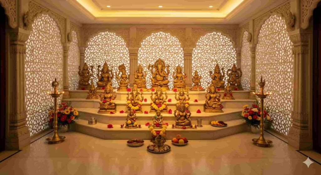 Marble pooja room design with traditional jali patterns and organized brass deity arrangement