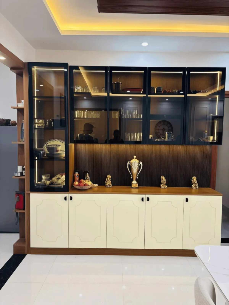 Contemporary display cabinet with glass shelving integrated LED lighting and storage solutions for modern apartment