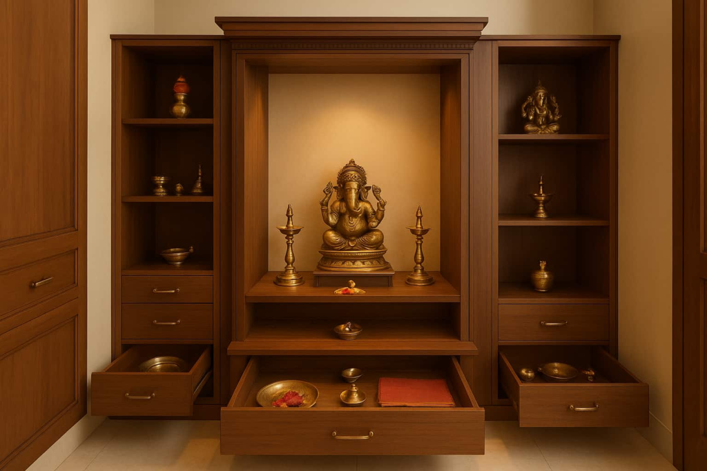 Pooja room design with organized storage compartments and hidden drawer solutions
