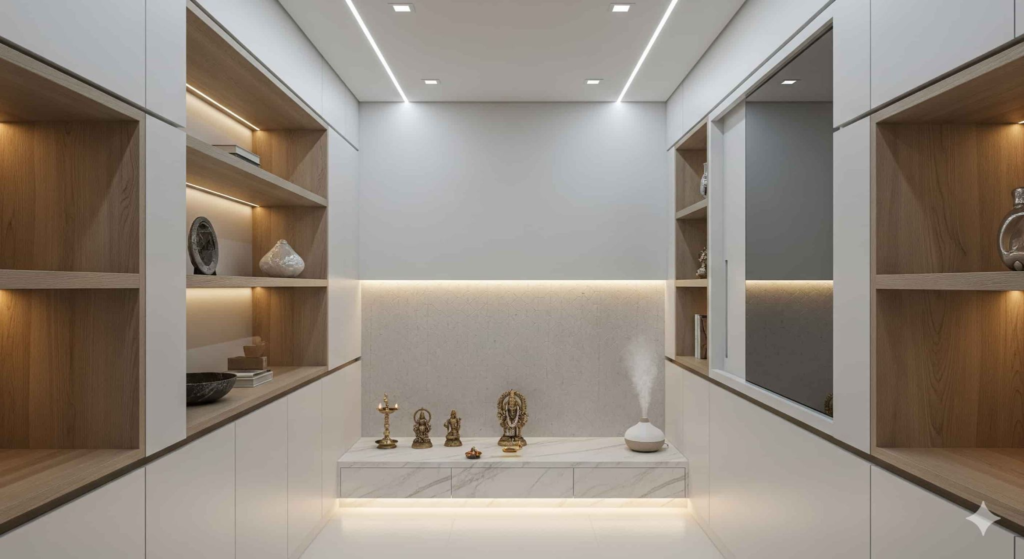 Modern pooja room design with minimalist geometric elements and smart lighting system