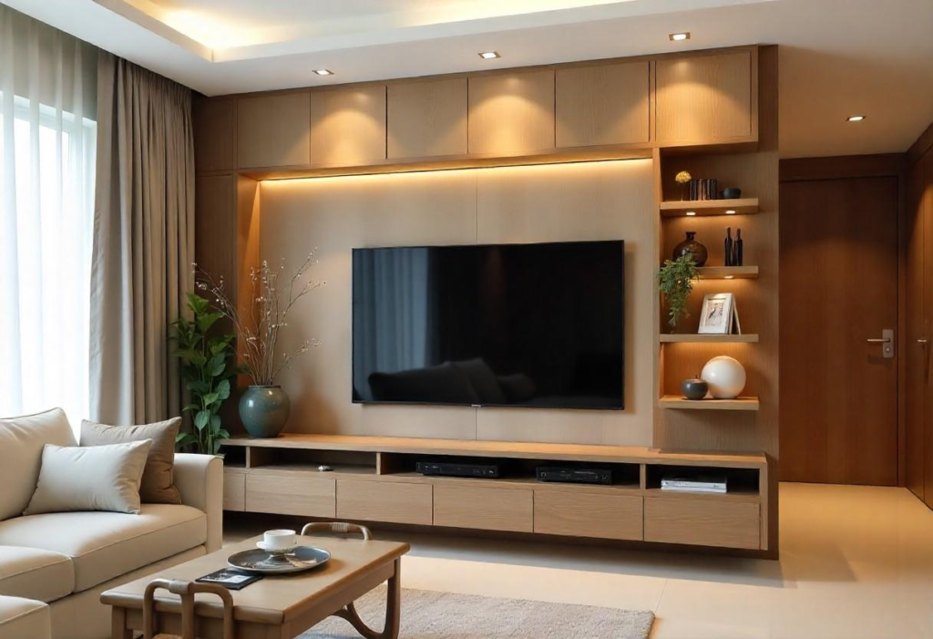 Engineered wood wall-mounted TV unit in modern Bengaluru apartment living room