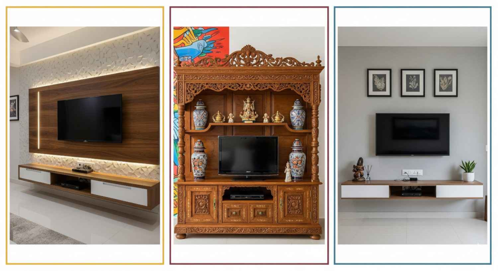 Different types of TV units - wall-mounted, free-standing, and floating designs